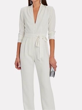 INTERMIX Cream V-Neck Belted Long-Sleeve Jumpsuit